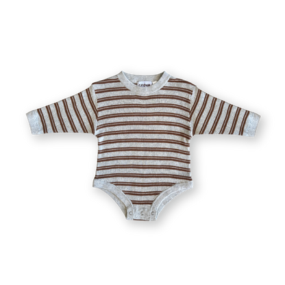 Organic Ribbed Stripe Knit Romper - Grey Marle/Brownie