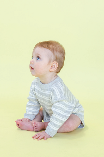 Organic Ribbed Stripe Knit Romper - Grey Marle/Milk